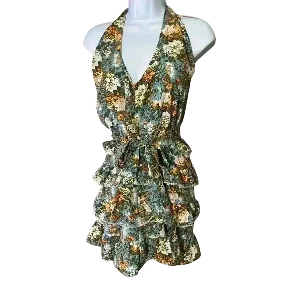 Floral‎ Ruffle Halter Mini Dress Party Cocktail Sexy Blue Green XS